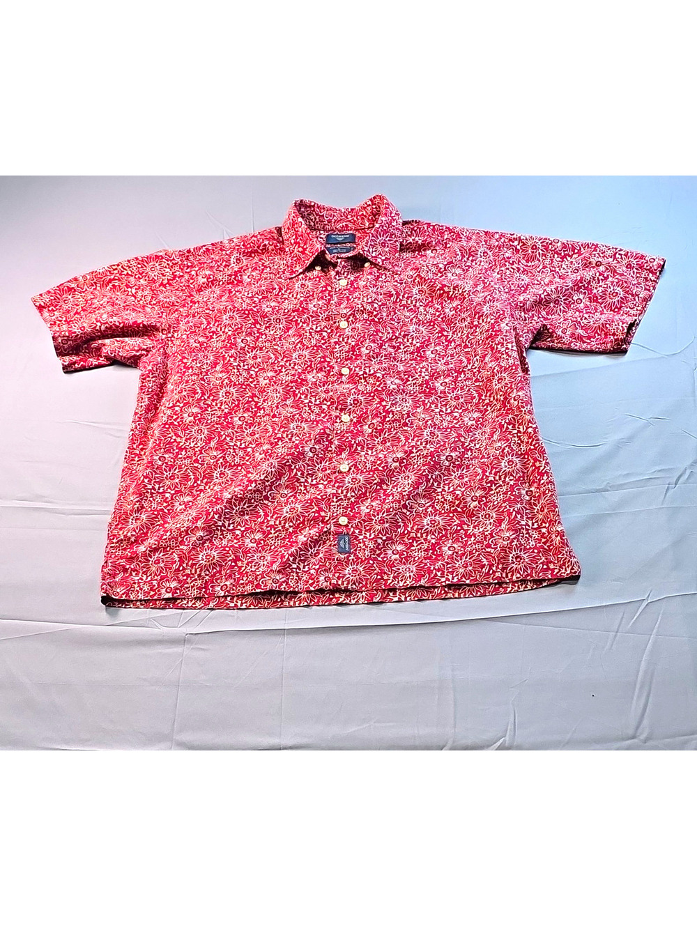Dockers Red White Floral Hawaiian L Cotton Woven Button Down Shirt Sleeve